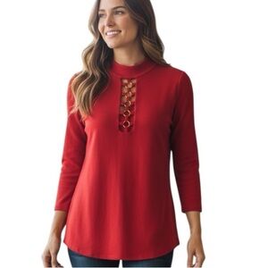 Bold Elements Red Ring Detail Blouse XL 3/4 Sleeve Stretch Top